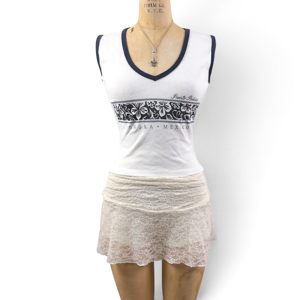 Y2K Mexico Souvenir Tank Puerto Penasco Hibiscus Surfer Girl Tropical Sz M
